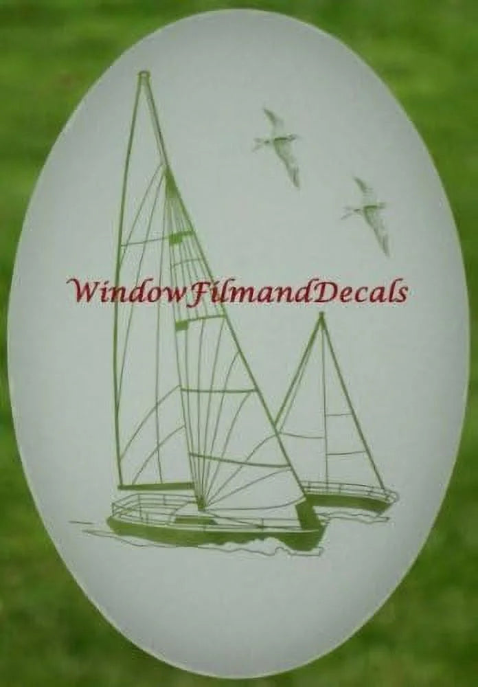 Sailboat Oval Etched Window Decal Vinyl Glass Cling 8" X 12" White Clear E395282