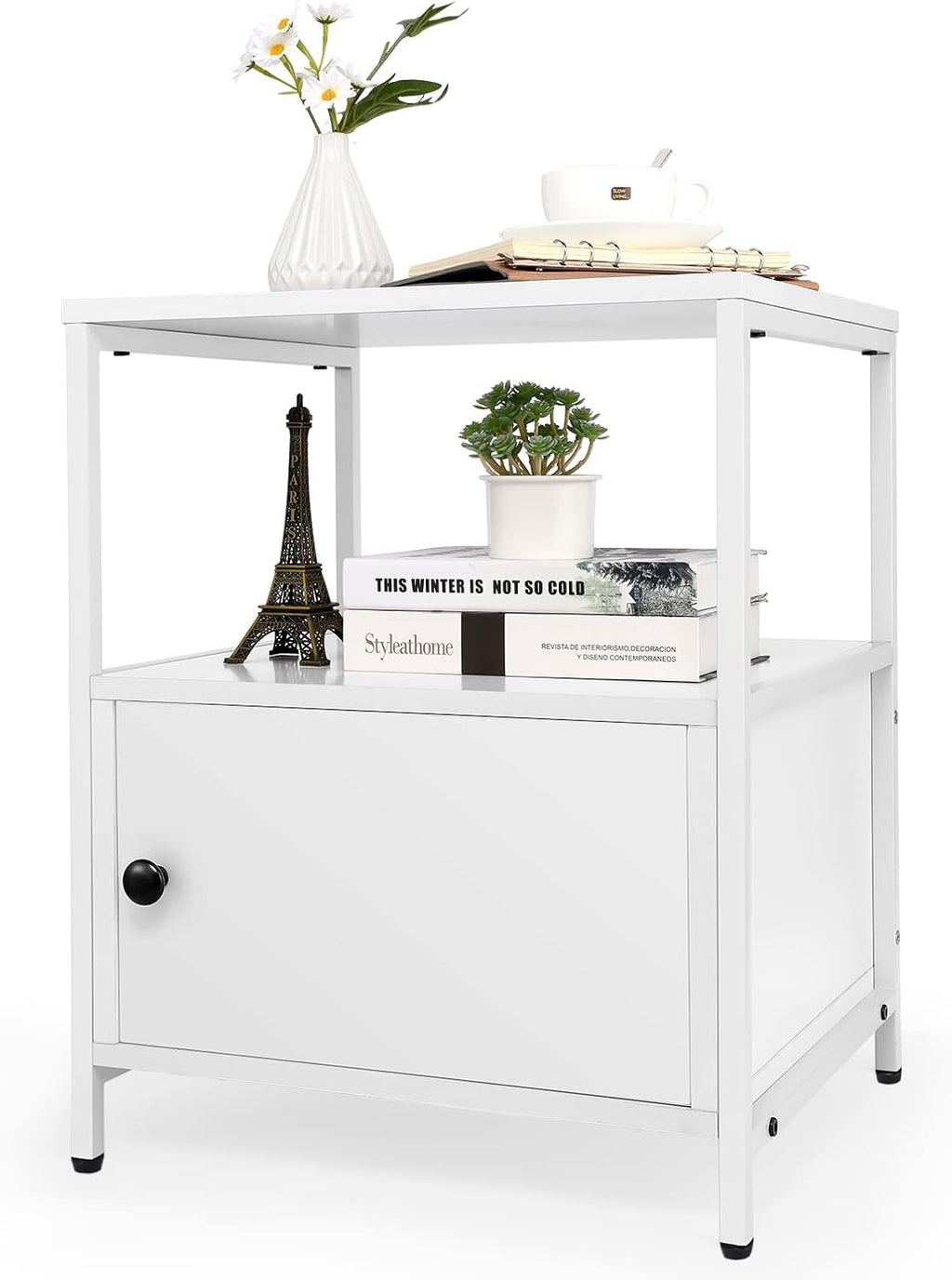 White Wooden Nightstand with Storage Cabinet and Open Shelf V891039