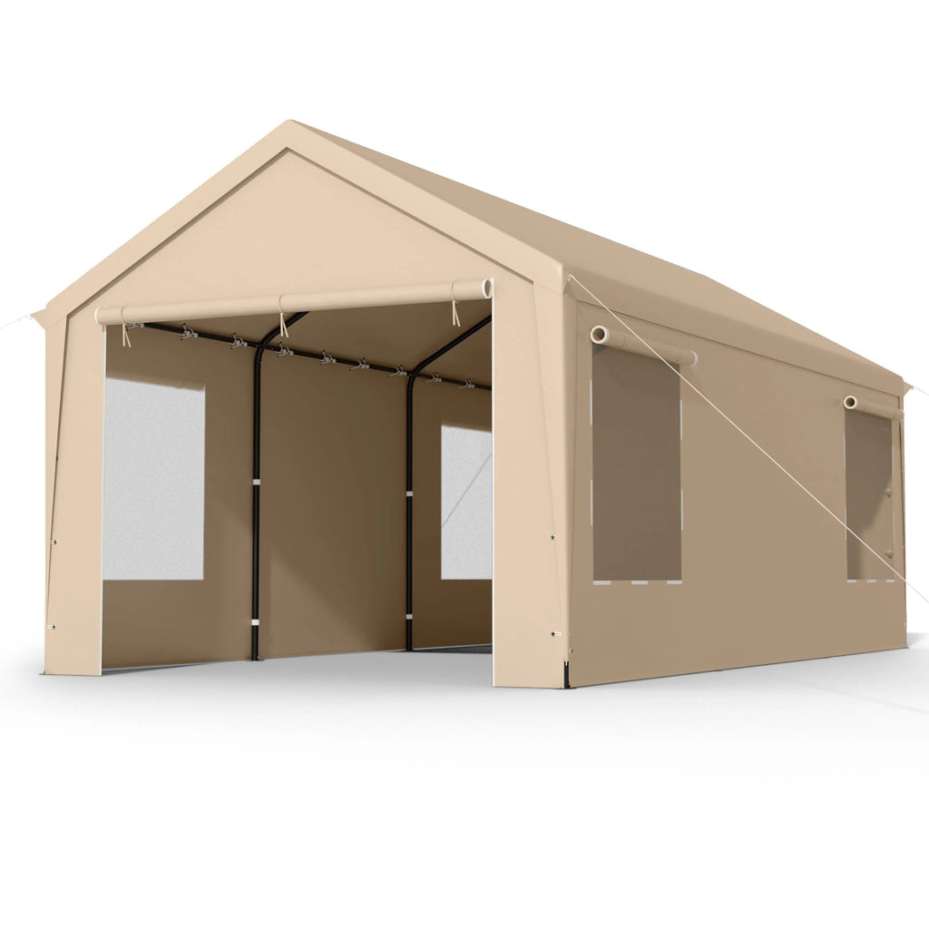 12 x 20 ft Heavy Duty Steel Carport Canopy with Window, Beige C89815