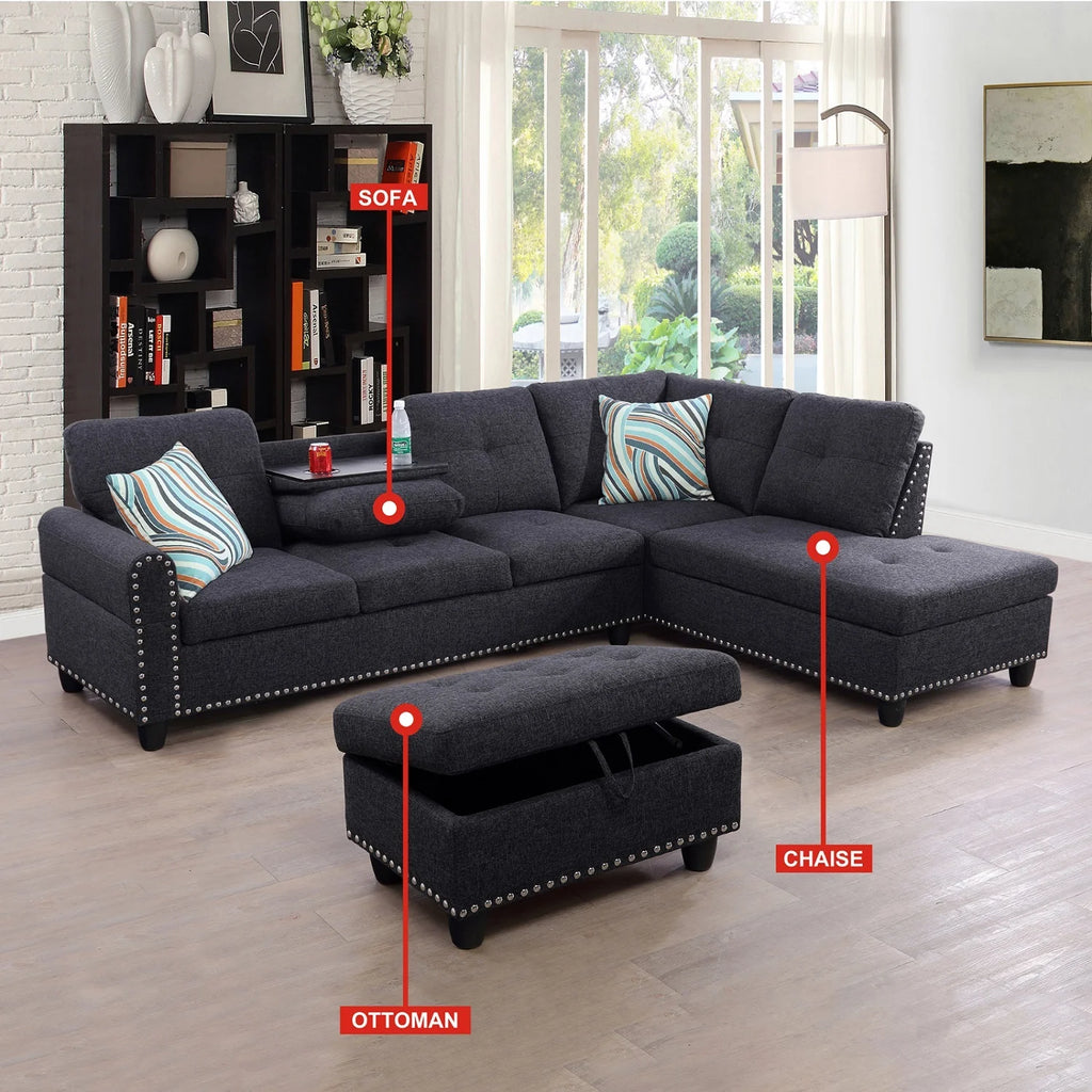 Black Grey Linen 2-Piece Sofa W445