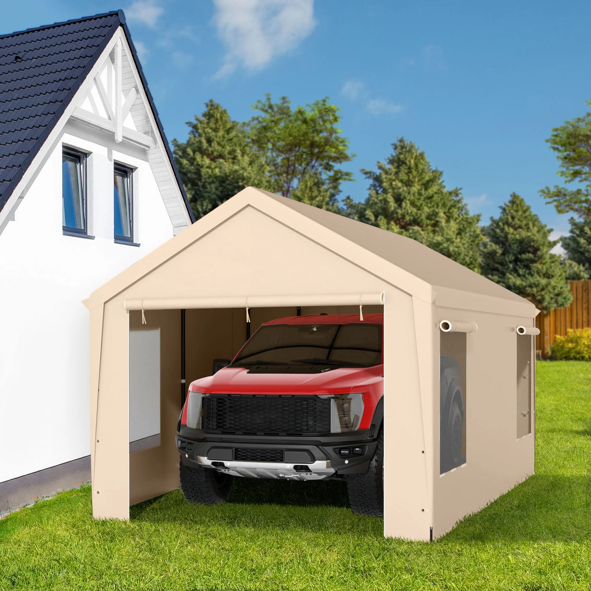 12 x 20 ft Heavy Duty Steel Carport Canopy with Window, Beige C89815
