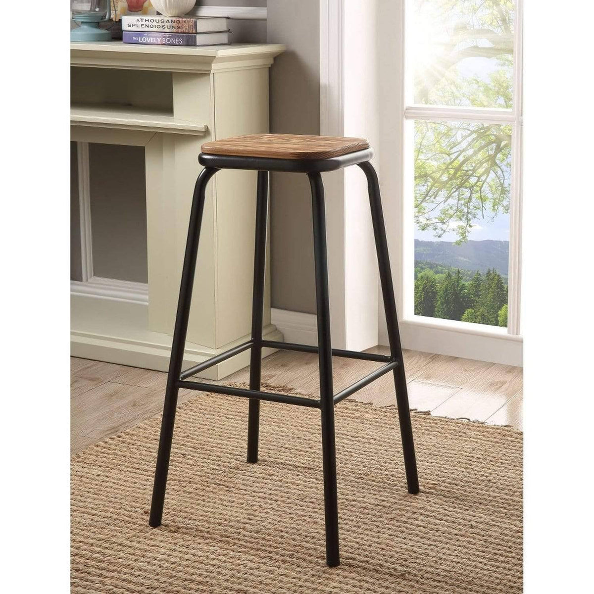 Industrial Style Metal Frame Wooden Bar Stool Brown and Black Set of Two F149