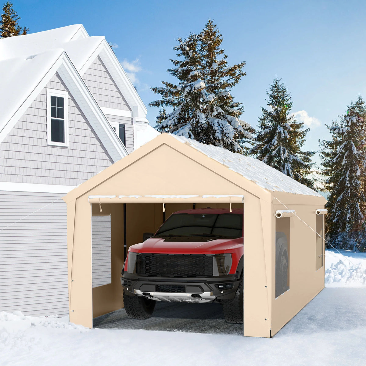 12 x 20 ft Heavy Duty Steel Carport Canopy with Window, Beige C89815