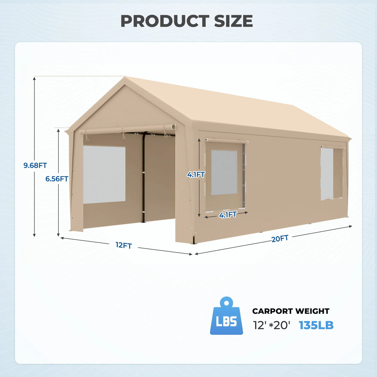 12 x 20 ft Heavy Duty Steel Carport Canopy with Window, Beige C89815