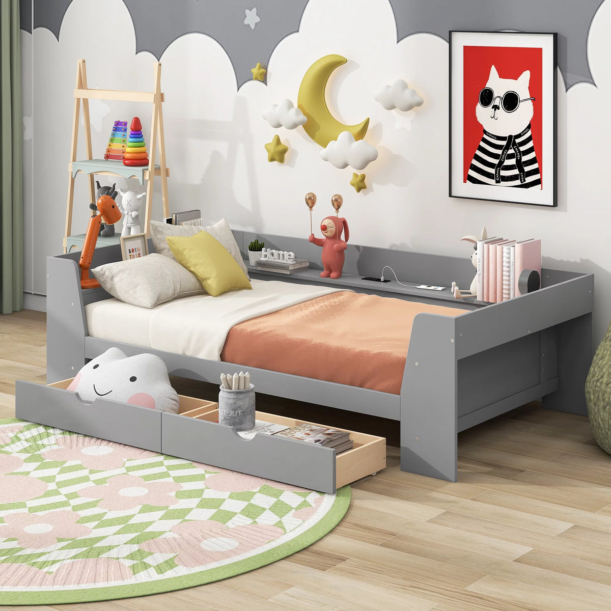 Twin Size Daybed with Shelf, Drawers and Charging Station, Gray K79017