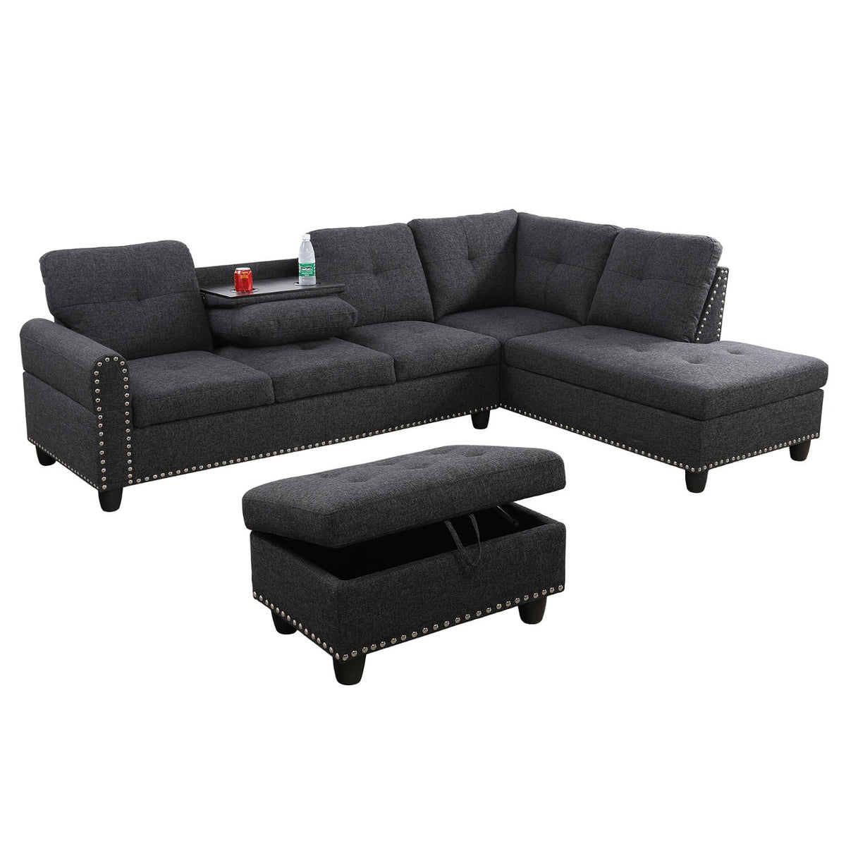 Black Grey Linen 2-Piece Sofa W445