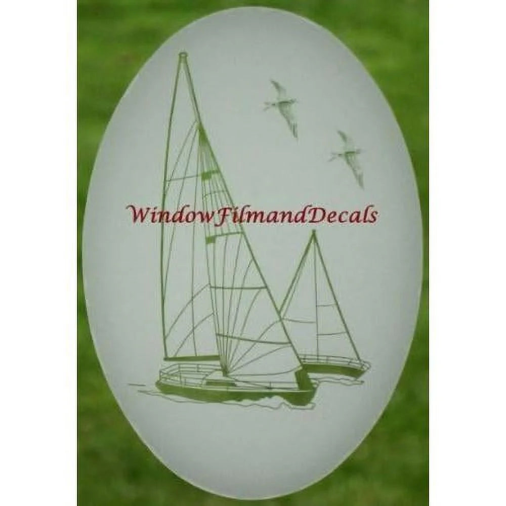 Sailboat Oval Etched Window Decal Vinyl Glass Cling 8" X 12" White Clear E395282