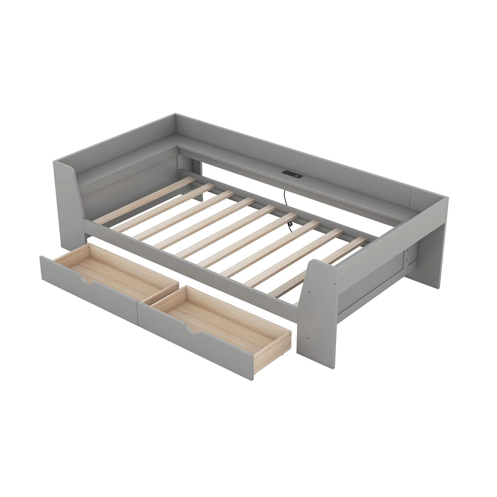 Twin Size Daybed with Shelf, Drawers and Charging Station, Gray K79017