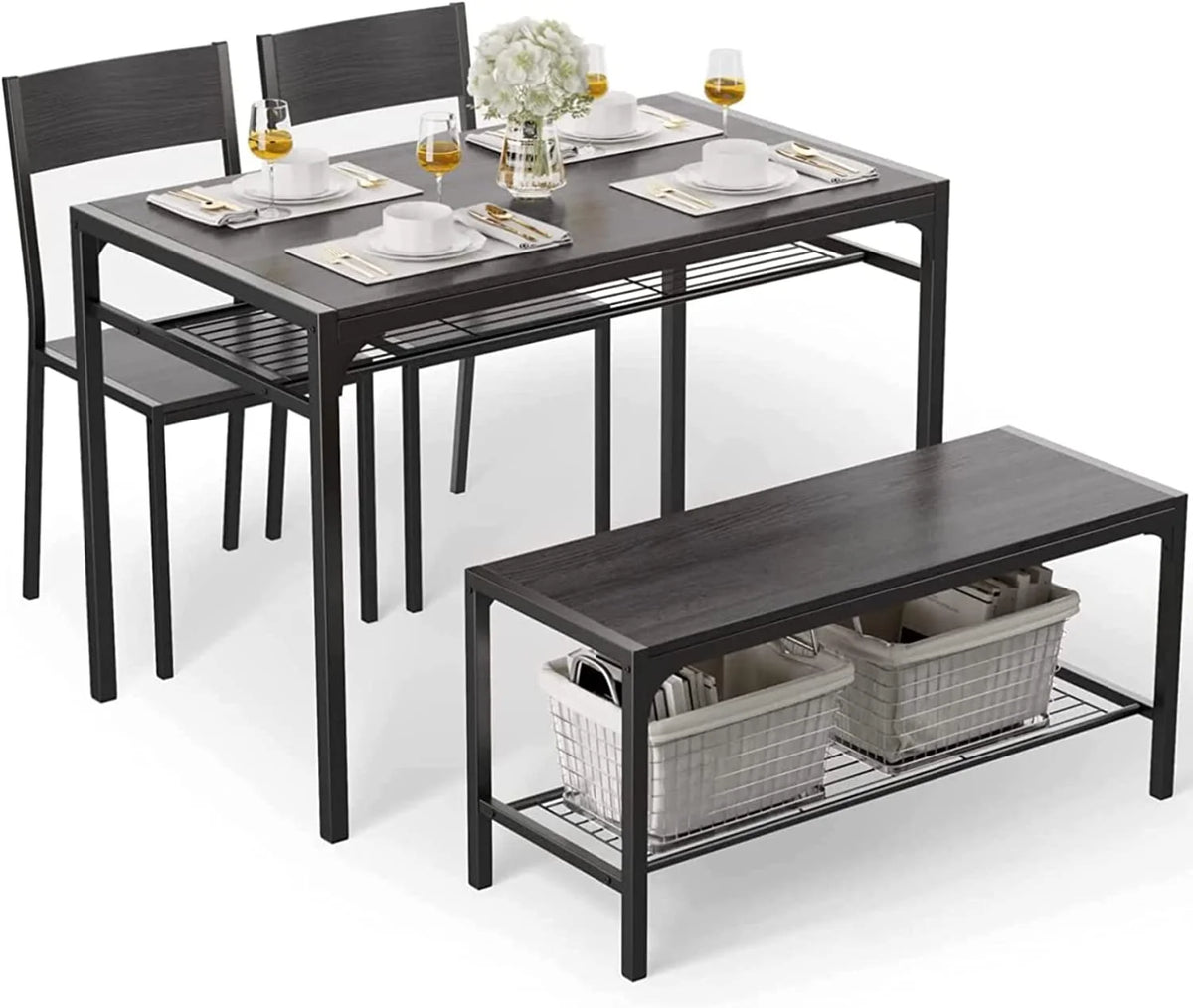 Black Dining Table Set of 4 with 2 Chairs 1 Bench O74251