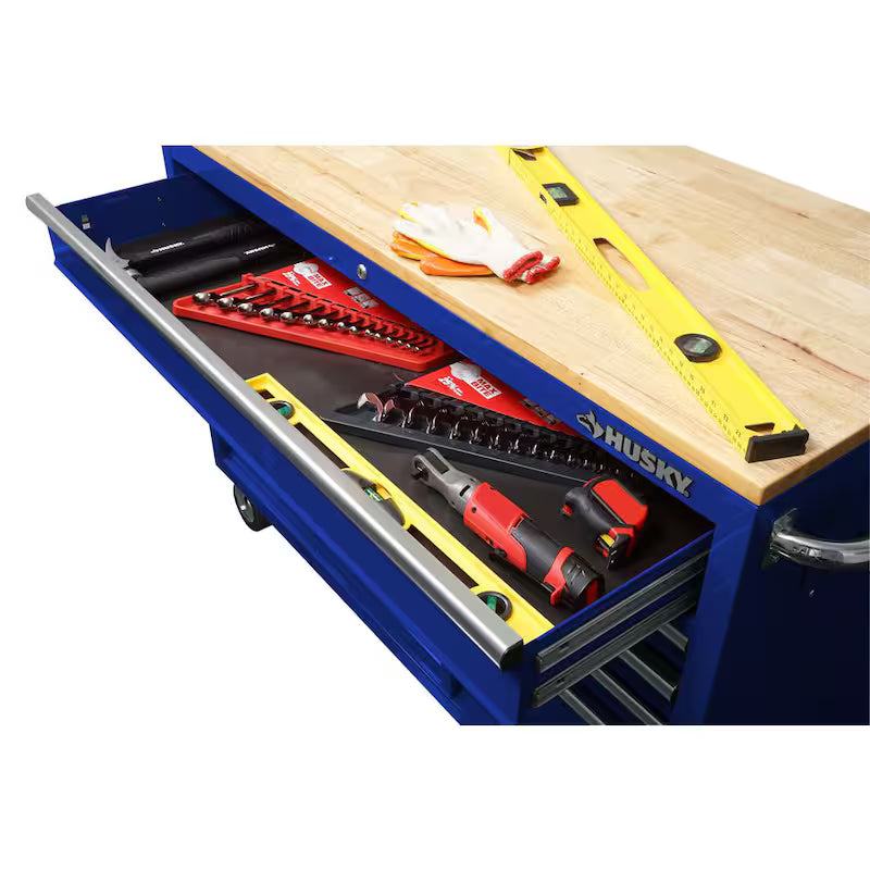 9-Drawer Mobile Workbench Cabinet with Solid Wood Top in Gloss Blue O46246