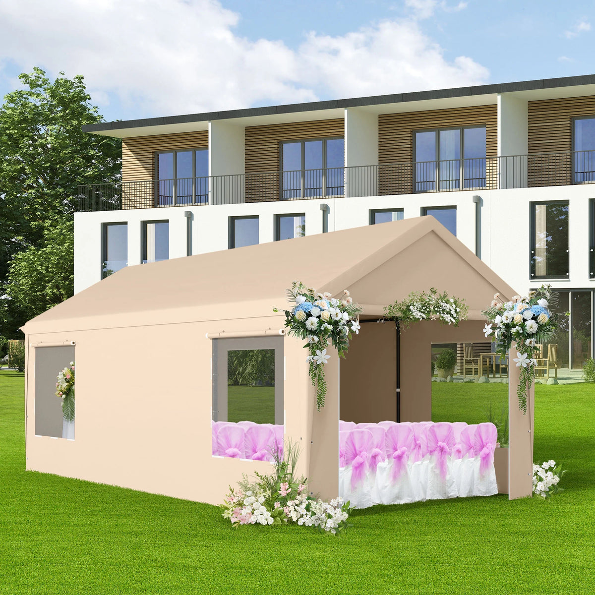 12 x 20 ft Heavy Duty Steel Carport Canopy with Window, Beige C89815