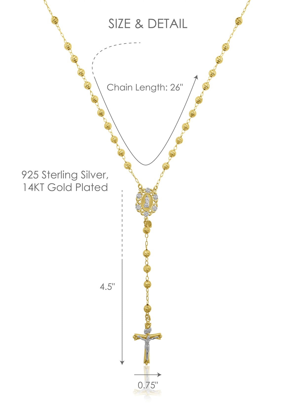 14K Gold Plated Sterling Silver Rosary Necklace 26" D70114