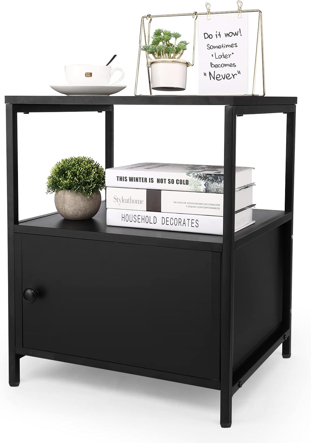 White Wooden Nightstand with Storage Cabinet and Open Shelf V891039
