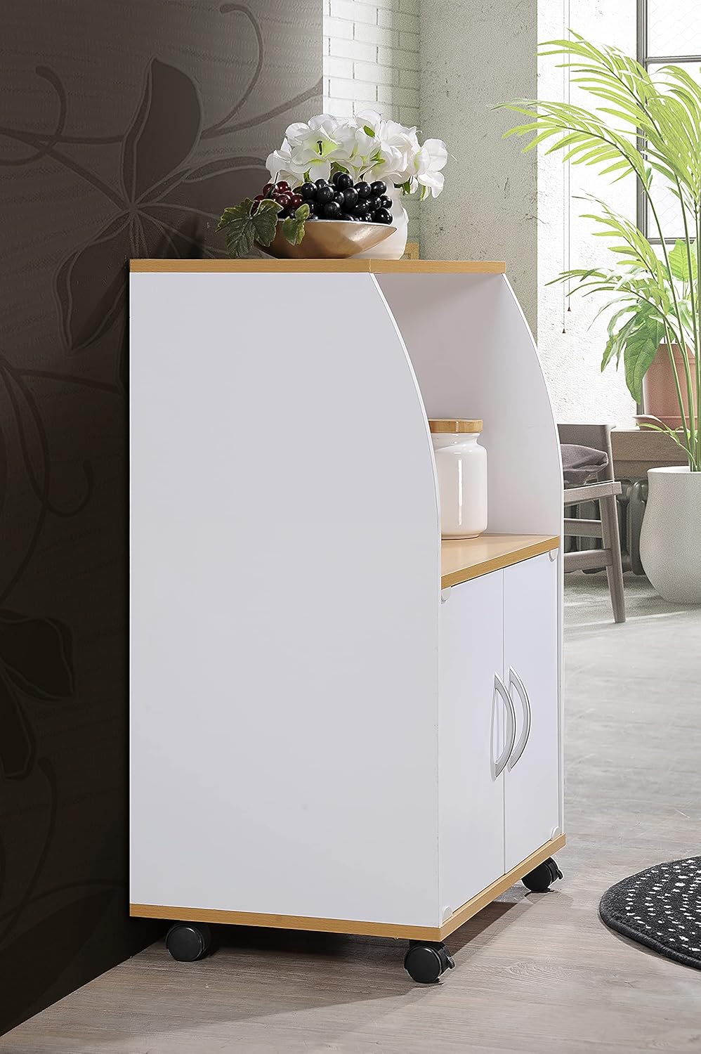 White Beech Microwave Cart with Two Doors and Shelf E990592