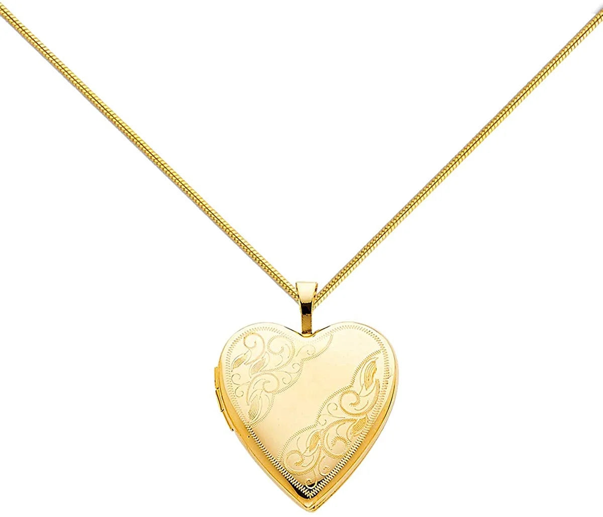 14K Yellow Gold Polished Love Heart Shaped Locket Pendants with 0.8mm Snake Chain G437