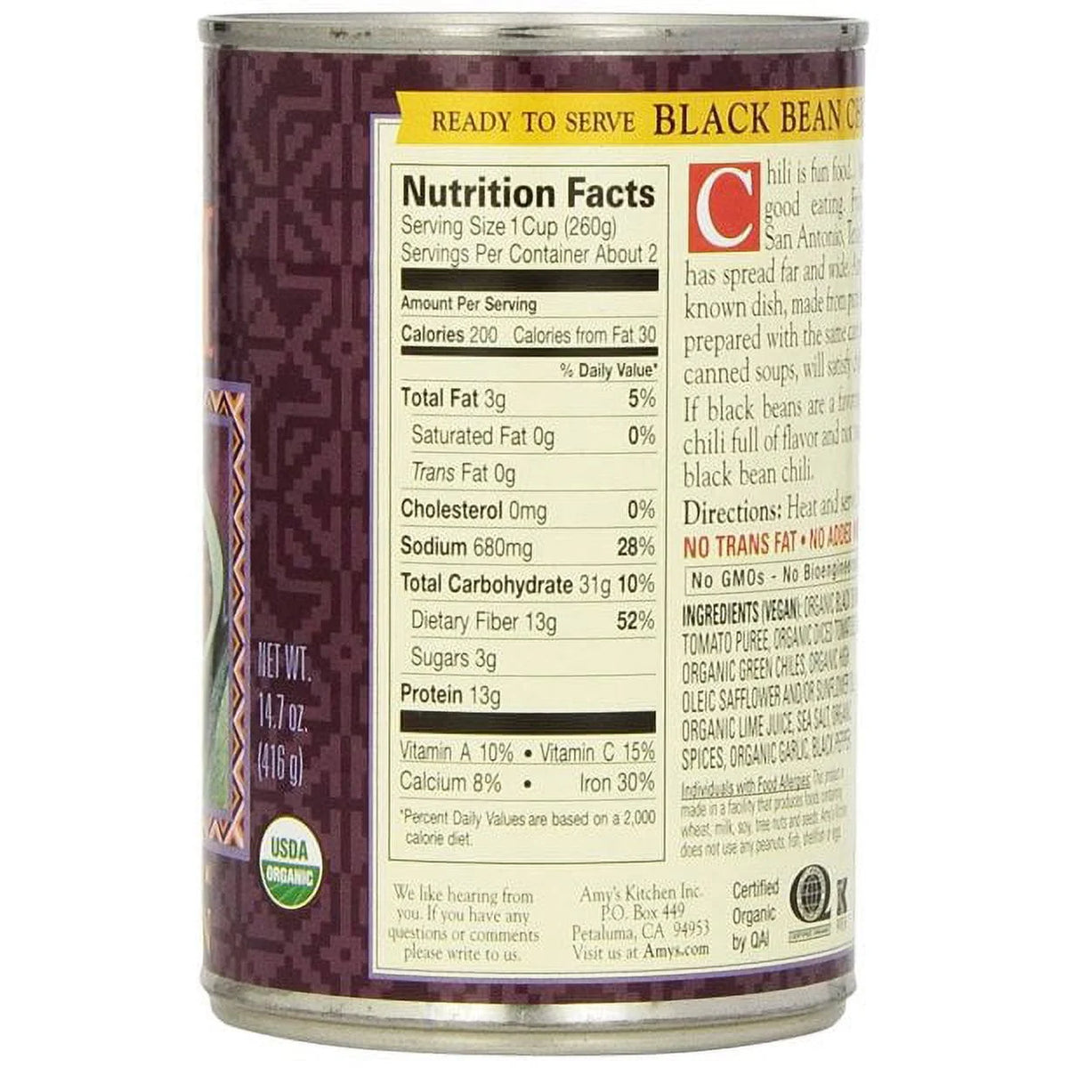 Organic Low Fat Medium Black Bean Chili 12 oz Pack of 4 R75840