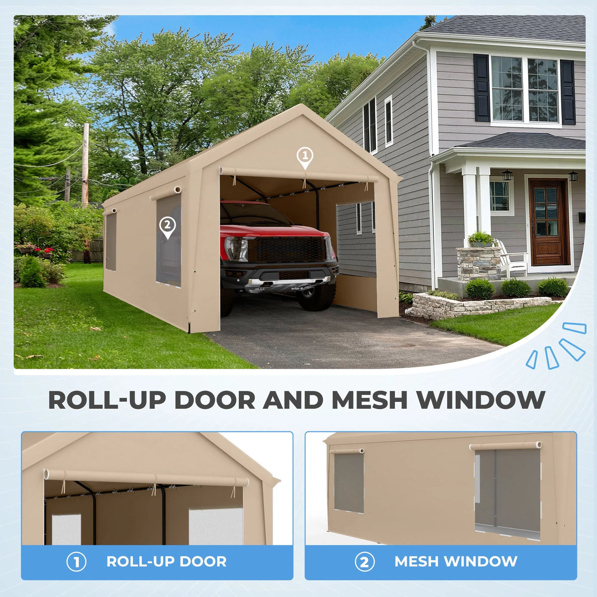 12 x 20 ft Heavy Duty Steel Carport Canopy with Window, Beige C89815