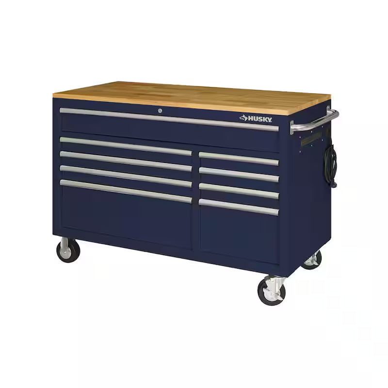 9-Drawer Mobile Workbench Cabinet with Solid Wood Top in Gloss Blue O46246