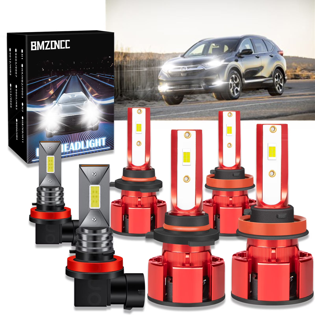 9005 High + H11 Low Beam + H11 Fog Beam LED Headlight Bulbs 6000K Cool White T298