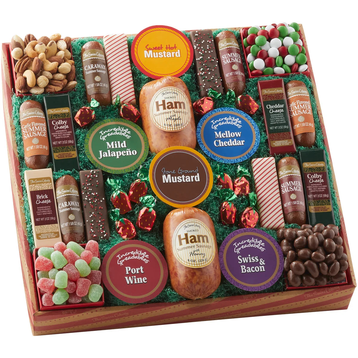 Assorted Holiday Treats with Ham Summer Sausages, Chocolates, Cheese Bars and Logs, and Candy A213