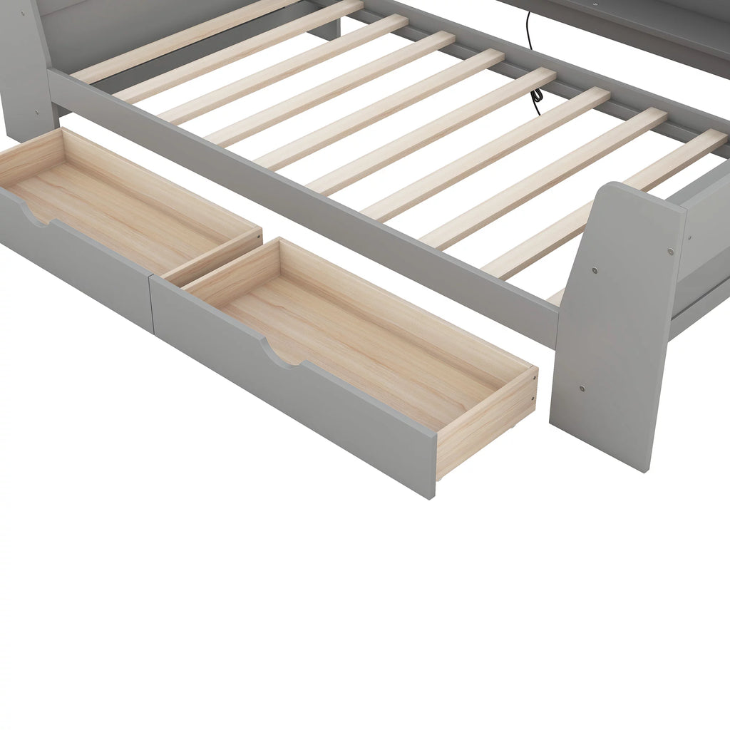 Twin Size Daybed with Shelf, Drawers and Charging Station, Gray K79017
