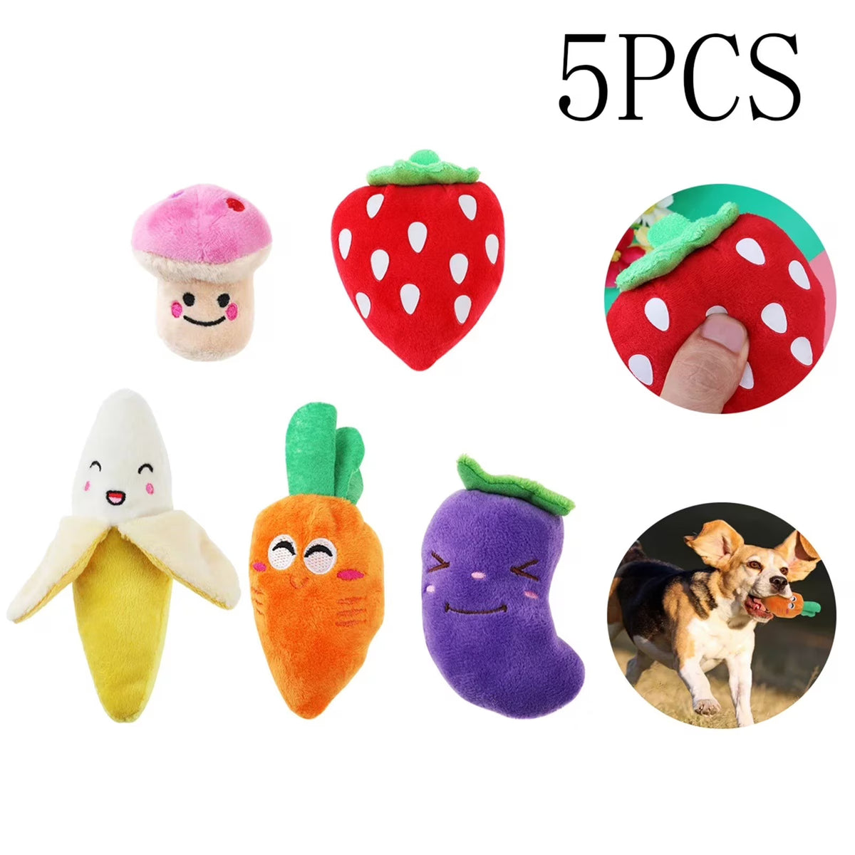 5 Pack Dog Squeaky Toys Plush Fruits Snacks and Vegetables Dog Toys O262498
