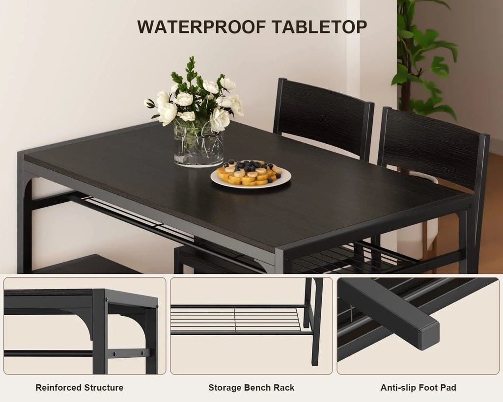 Black Dining Table Set of 4 with 2 Chairs 1 Bench O74251