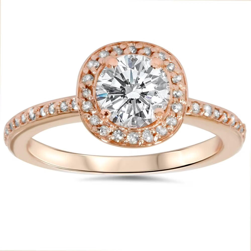 1ct Cushion Halo Diamond Engagement Ring 14K Rose Gold F3715
