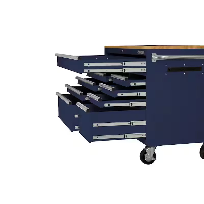 9-Drawer Mobile Workbench Cabinet with Solid Wood Top in Gloss Blue O46246