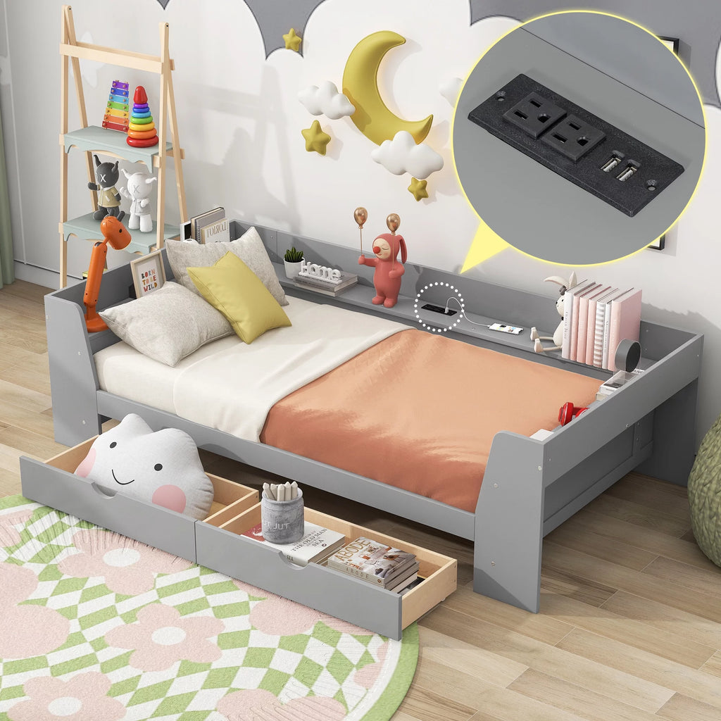 Twin Size Daybed with Shelf, Drawers and Charging Station, Gray K79017