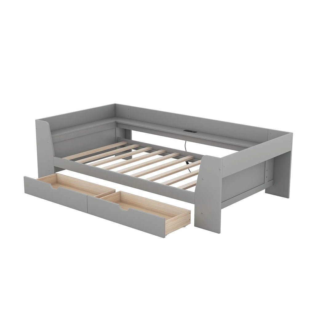 Twin Size Daybed with Shelf, Drawers and Charging Station, Gray K79017