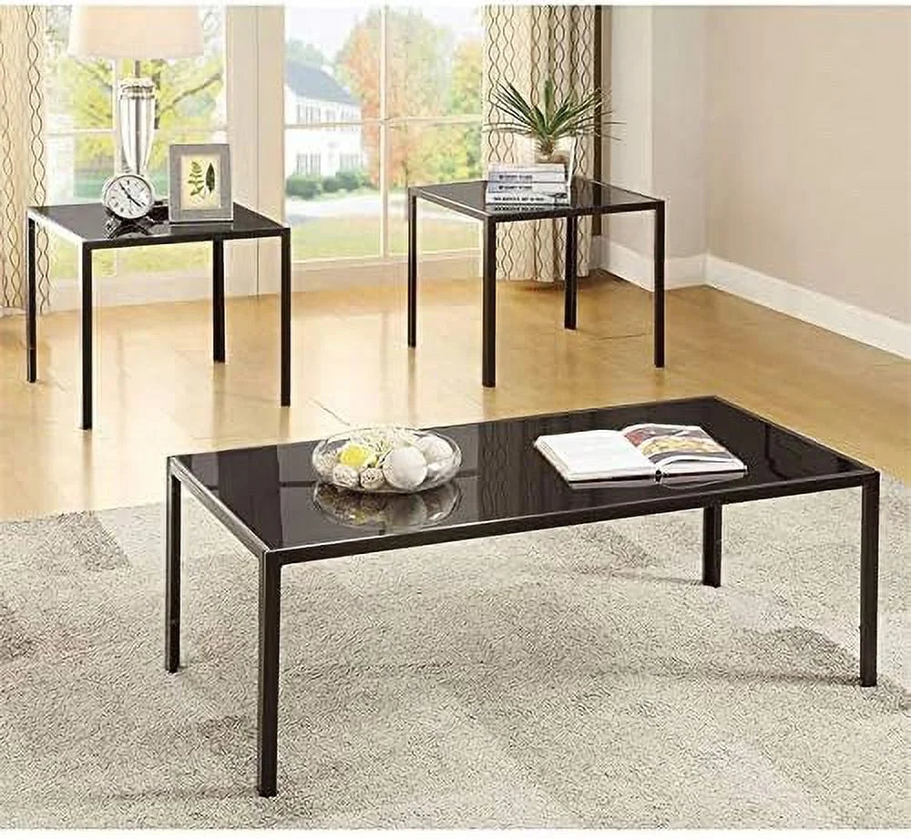 Black 3 Piece Glass Top Coffee Table Set Q141316