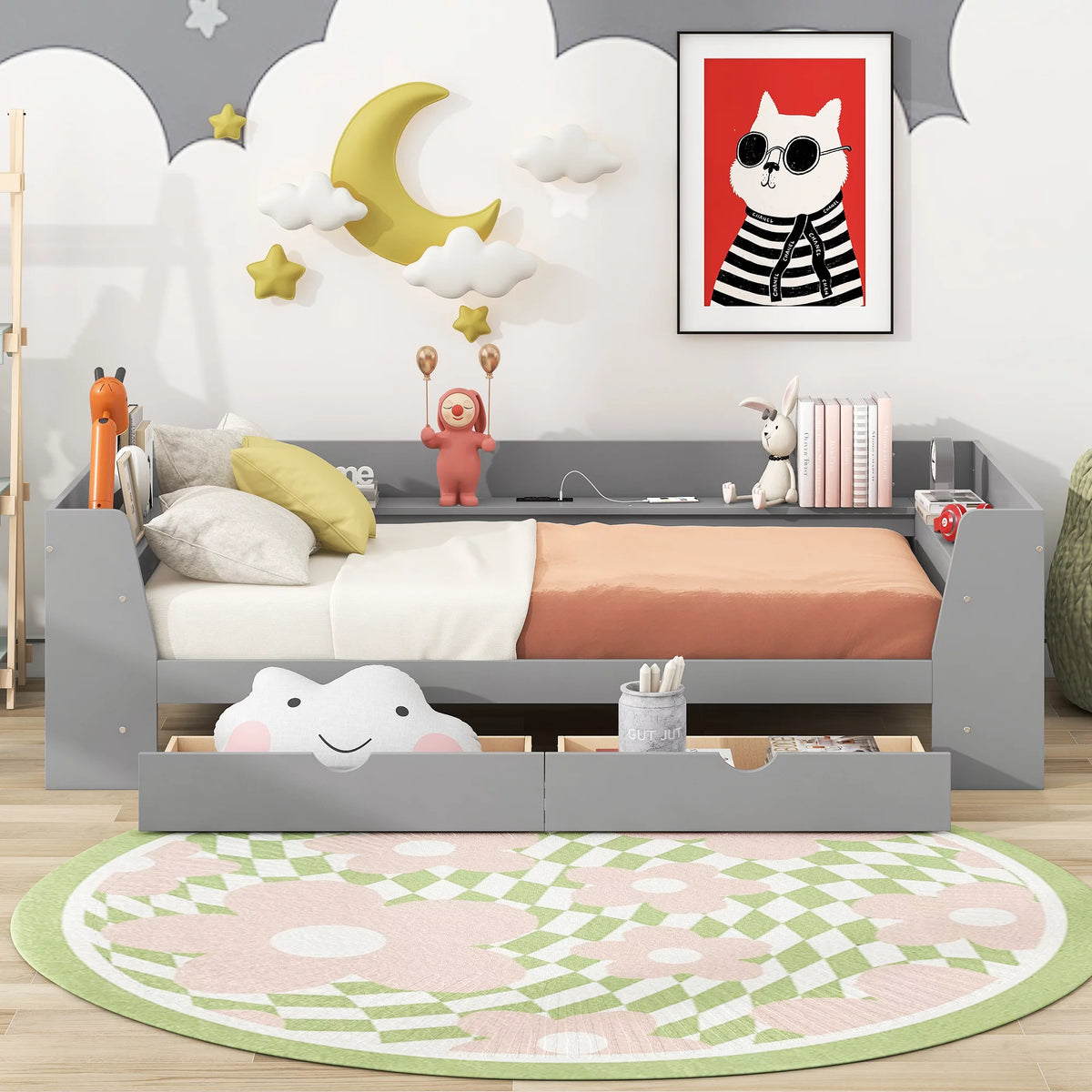 Twin Size Daybed with Shelf, Drawers and Charging Station, Gray K79017